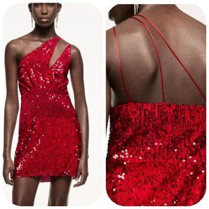 NWT ZARA Red Embellished Sequined Asymmetric Double Strap Front Lined Dress